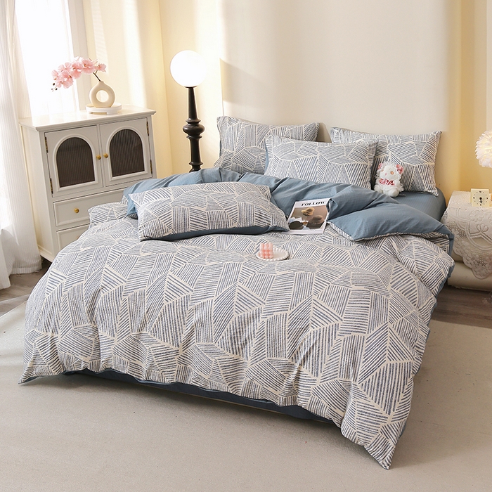 91家纺网 家纺一手货源 找家纺 北部居 2026新款柔软泡芙纱高克重印花四件套 条纹时代