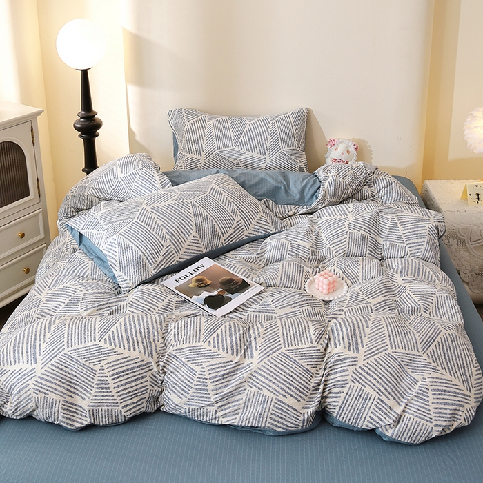 91家纺网 家纺一手货源 找家纺 北部居 2026新款柔软泡芙纱高克重印花四件套 条纹时代