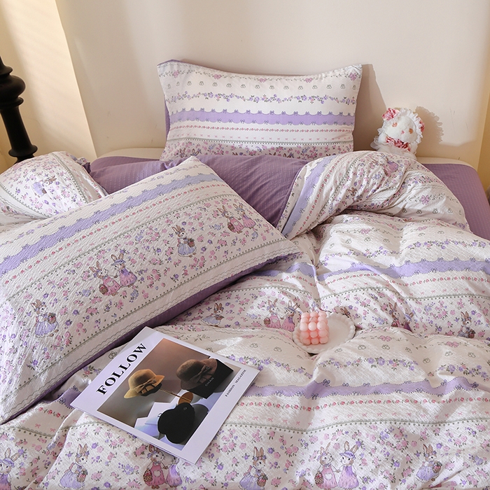 91家纺网 家纺一手货源 找家纺 北部居 2026新款柔软泡芙纱高克重印花四件套 童话花町