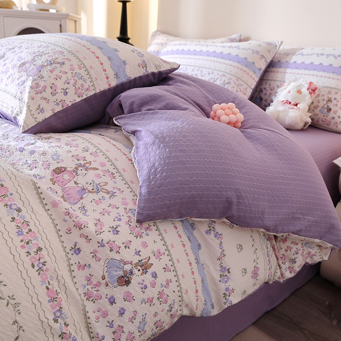 91家纺网 家纺一手货源 找家纺 北部居 2026新款柔软泡芙纱高克重印花四件套 童话花町