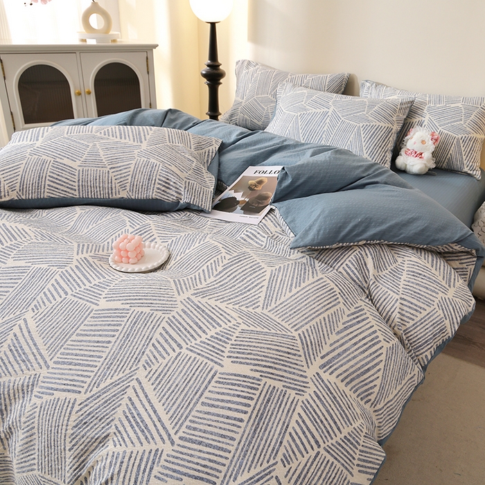 91家纺网 家纺一手货源 找家纺 北部居 2026新款柔软泡芙纱高克重印花四件套 条纹时代