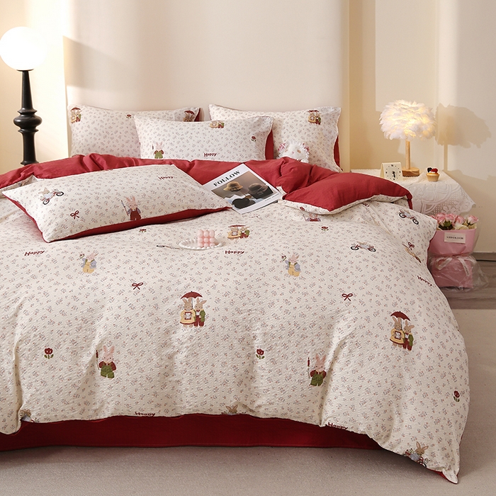 91家纺网 家纺一手货源 找家纺 北部居 2026新款柔软泡芙纱高克重印花四件套 碎花小兔