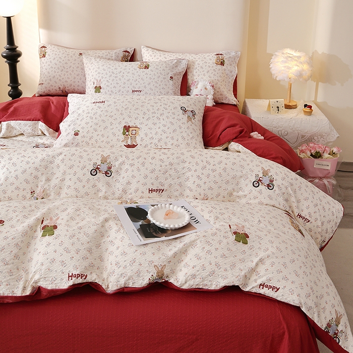 91家纺网 家纺一手货源 找家纺 北部居 2026新款柔软泡芙纱高克重印花四件套 碎花小兔