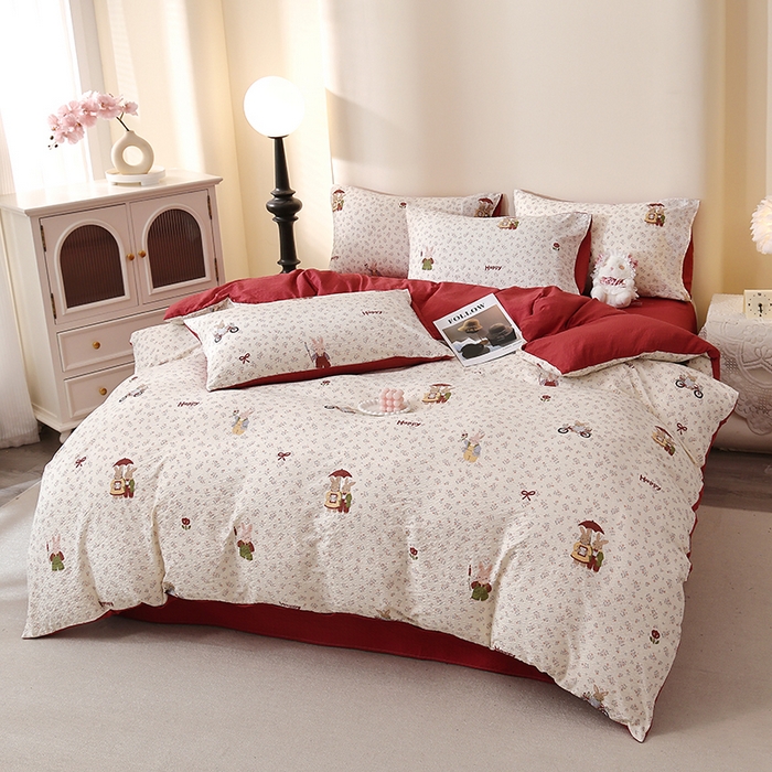 91家纺网 家纺一手货源 找家纺 北部居 2026新款柔软泡芙纱高克重印花四件套 碎花小兔