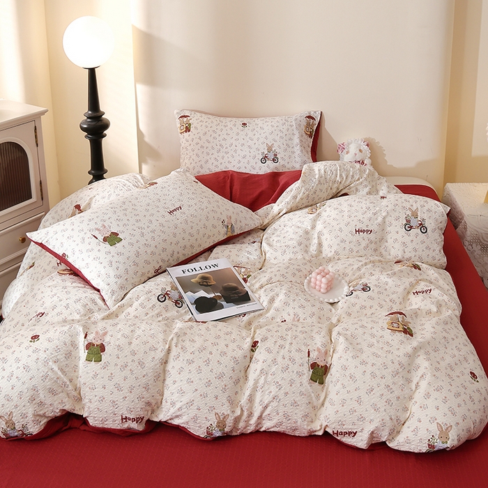 91家纺网 家纺一手货源 找家纺 北部居 2026新款柔软泡芙纱高克重印花四件套 碎花小兔