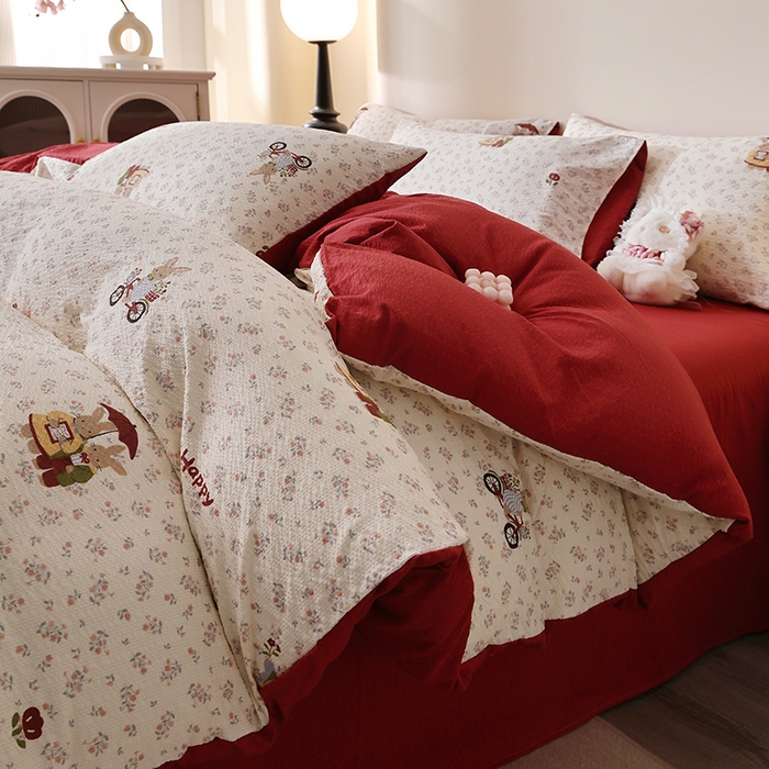 北部居 2026新款柔软泡芙纱高克重印花四件套 碎花小兔