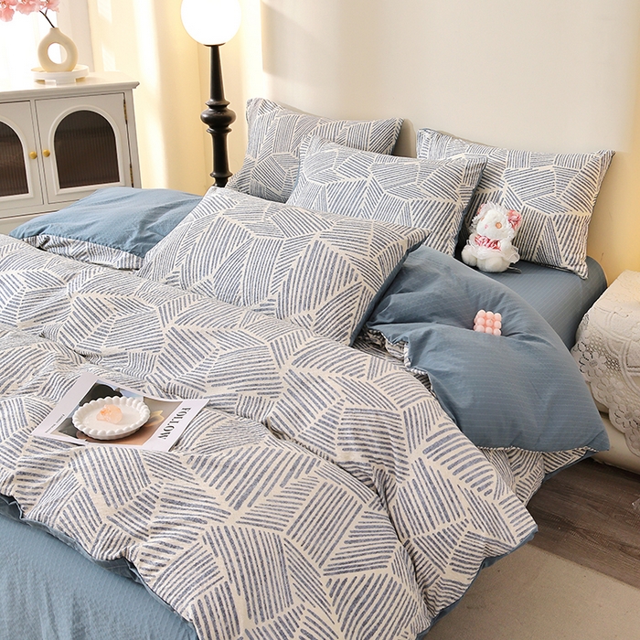 91家纺网 家纺一手货源 找家纺 北部居 2026新款柔软泡芙纱高克重印花四件套 条纹时代