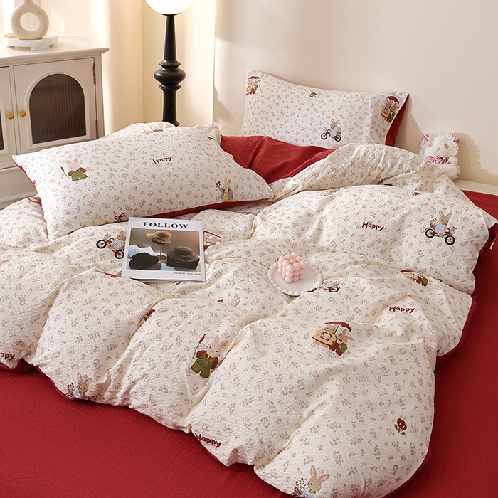 91家纺网 家纺一手货源 找家纺 北部居 2026新款柔软泡芙纱高克重印花四件套 碎花小兔