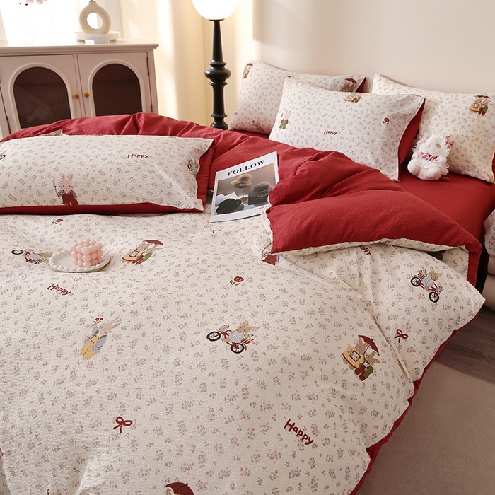 91家纺网 家纺一手货源 找家纺 北部居 2026新款柔软泡芙纱高克重印花四件套 碎花小兔