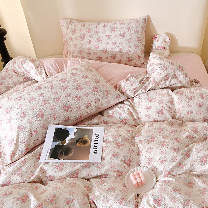 91家纺网 家纺一手货源 找家纺 北部居 2026新款柔软泡芙纱高克重印花四件套 柔色花笺