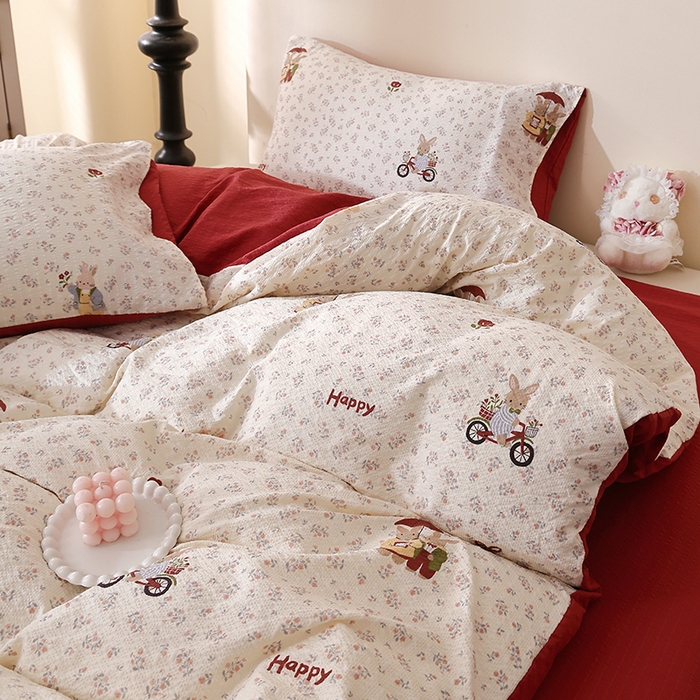 91家纺网 家纺一手货源 找家纺 北部居 2026新款柔软泡芙纱高克重印花四件套 碎花小兔