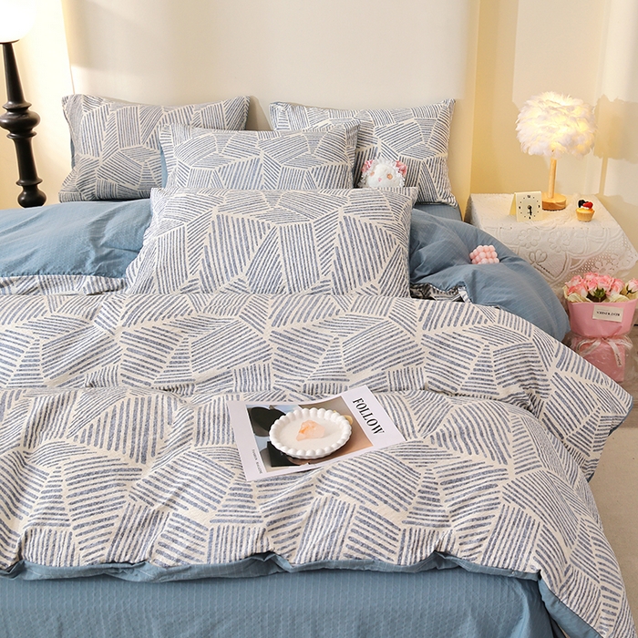 91家纺网 家纺一手货源 找家纺 北部居 2026新款柔软泡芙纱高克重印花四件套 条纹时代