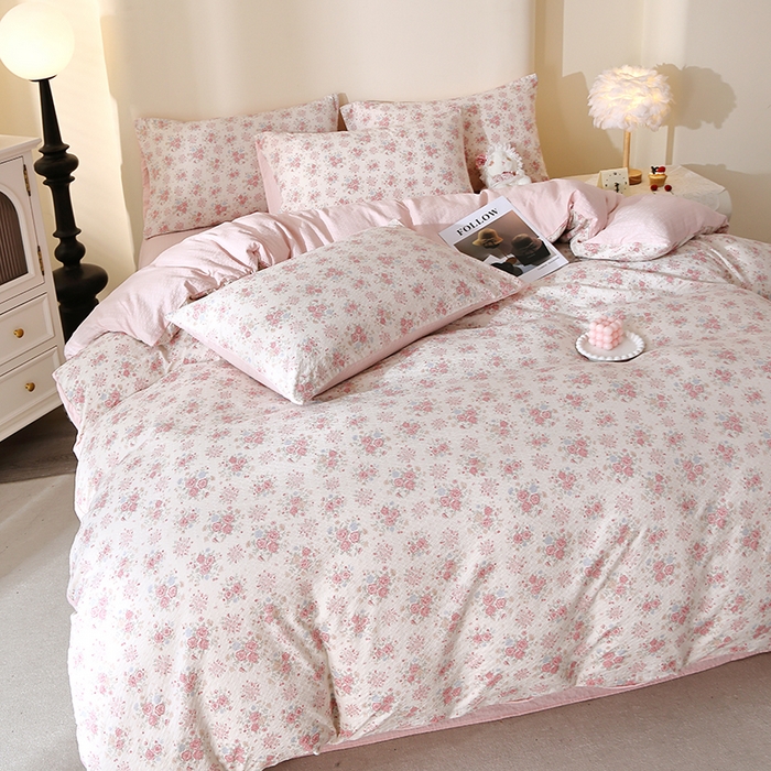 91家纺网 家纺一手货源 找家纺 北部居 2026新款柔软泡芙纱高克重印花四件套 柔色花笺