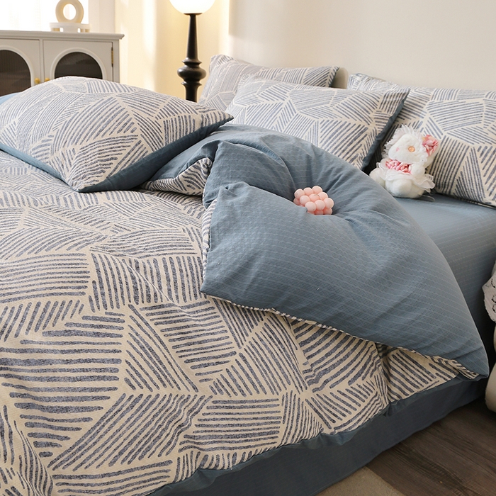 91家纺网 家纺一手货源 找家纺 北部居 2026新款柔软泡芙纱高克重印花四件套 条纹时代