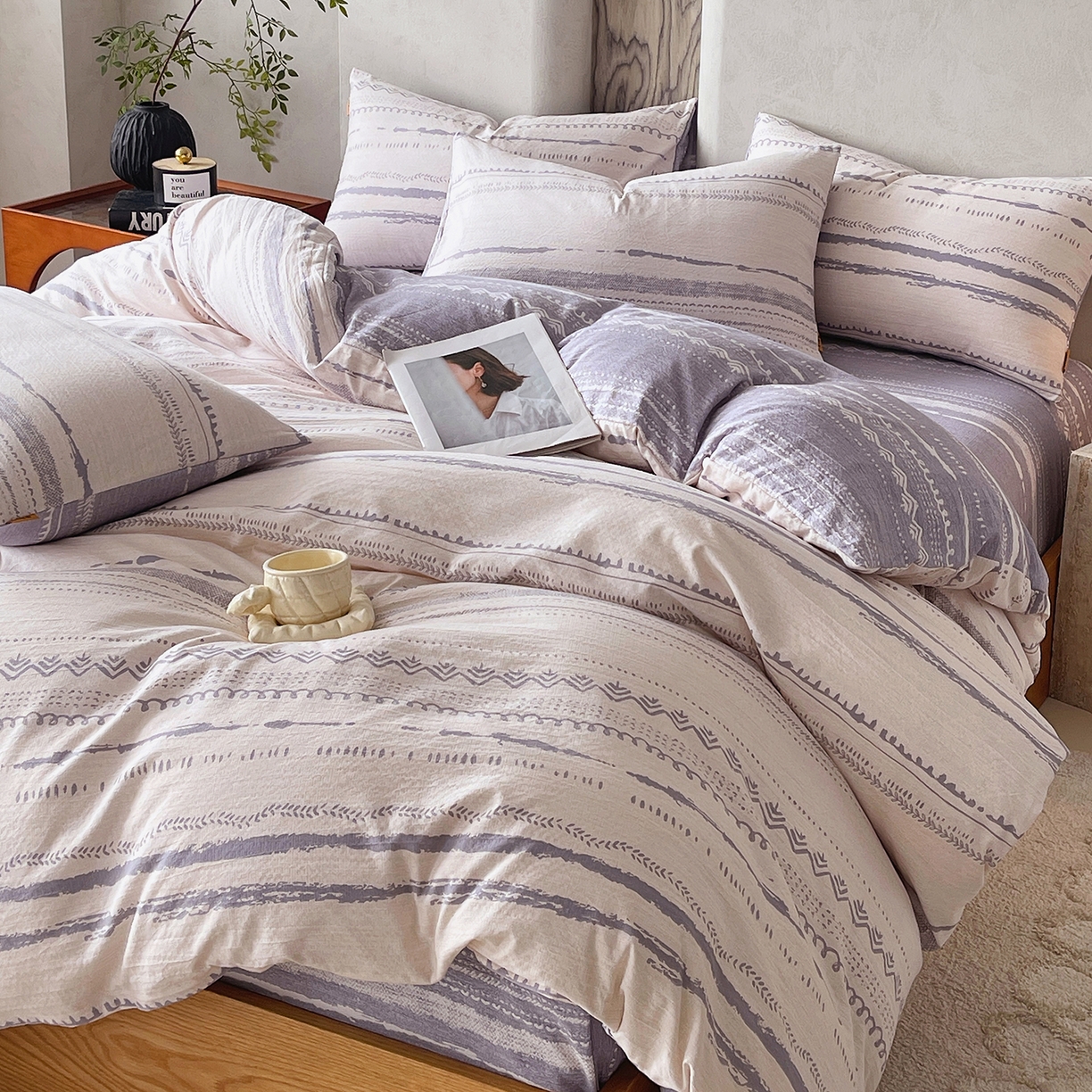 91家纺网 家纺一手货源 找家纺 （总）灿哈家纺 2025新款高克重复古风亚麻原麻水洗棉四件套-风格三