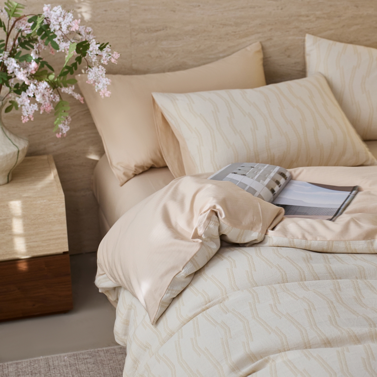 91家纺网 家纺一手货源 找家纺 安莱生活 2026年新品水洗棉全棉纯棉色织提花系列四件套 亚瑟-浅米