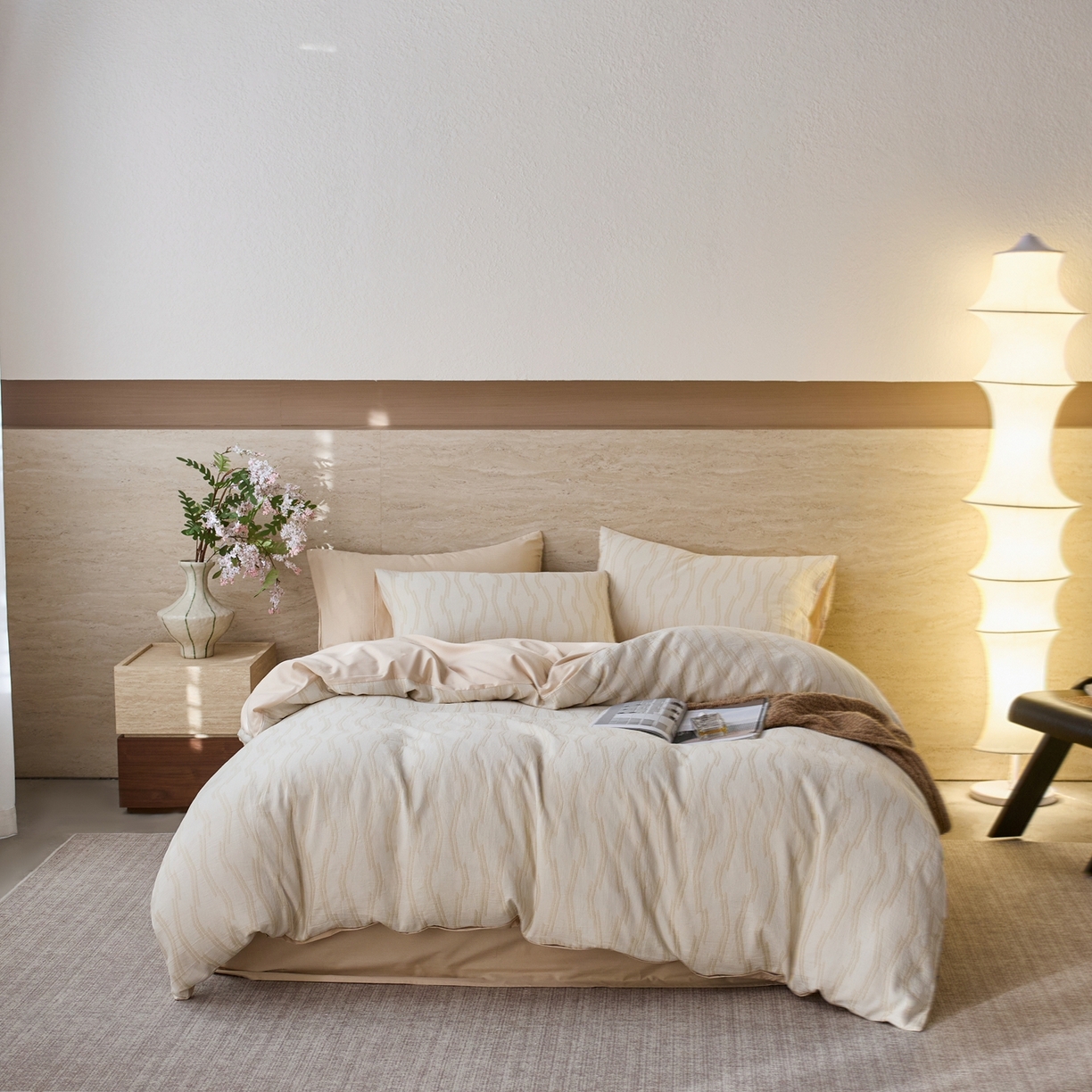 91家纺网 家纺一手货源 找家纺 安莱生活 2026年新品水洗棉全棉纯棉色织提花系列四件套 亚瑟-浅米