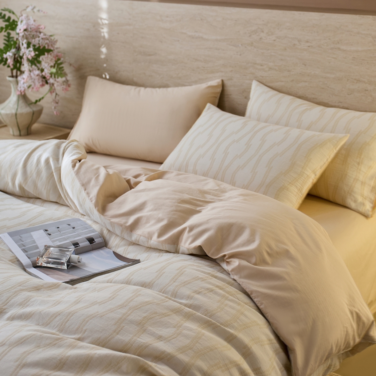 91家纺网 家纺一手货源 找家纺 安莱生活 2026年新品水洗棉全棉纯棉色织提花系列四件套 亚瑟-浅米