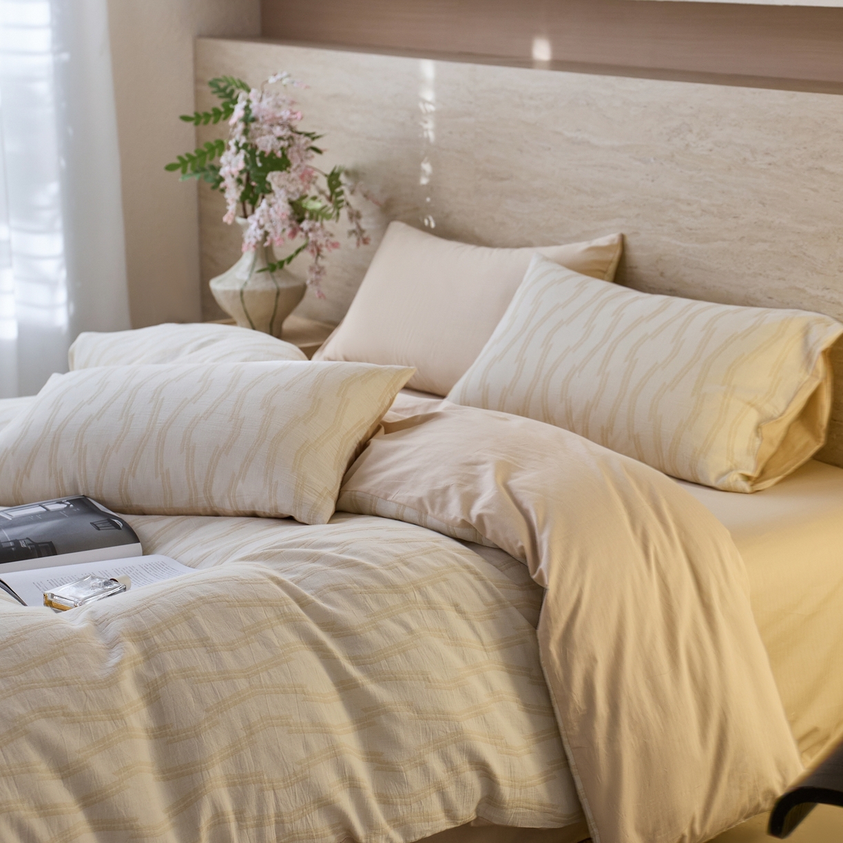 91家纺网 家纺一手货源 找家纺 安莱生活 2026年新品水洗棉全棉纯棉色织提花系列四件套 亚瑟-浅米