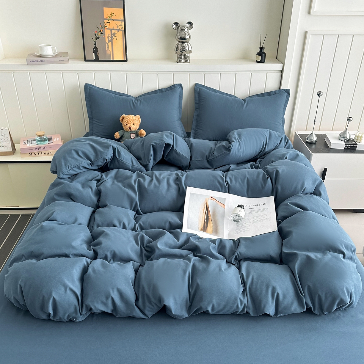 佑泽家纺 2026新款亲肤水洗棉四件套 宾利蓝