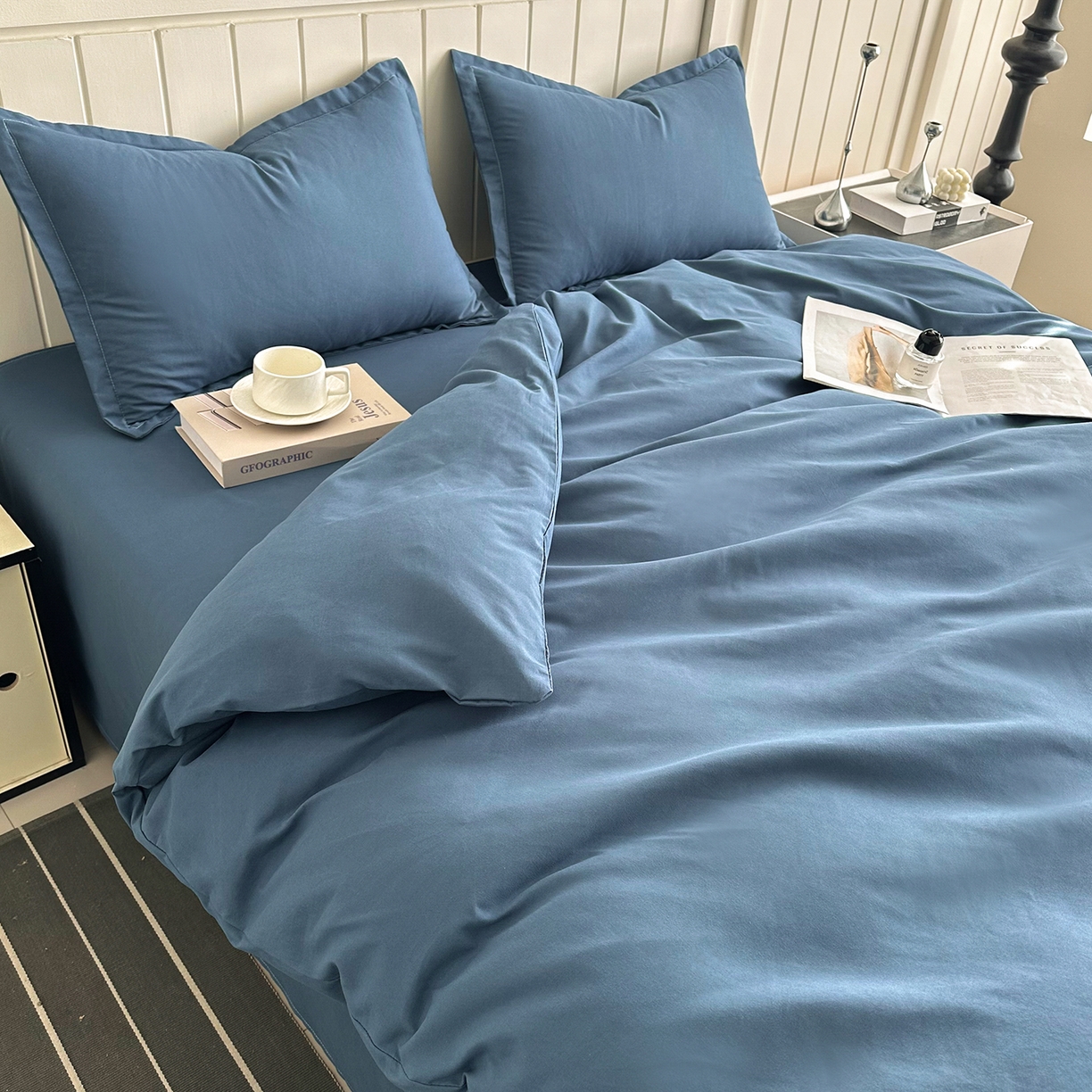 91家纺网 家纺一手货源 找家纺 佑泽家纺 2026新款亲肤水洗棉四件套 宾利蓝