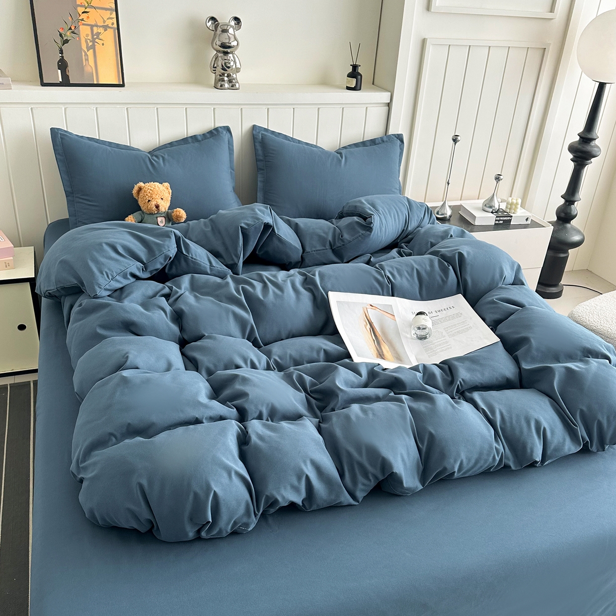 91家纺网 家纺一手货源 找家纺 佑泽家纺 2026新款亲肤水洗棉四件套 宾利蓝