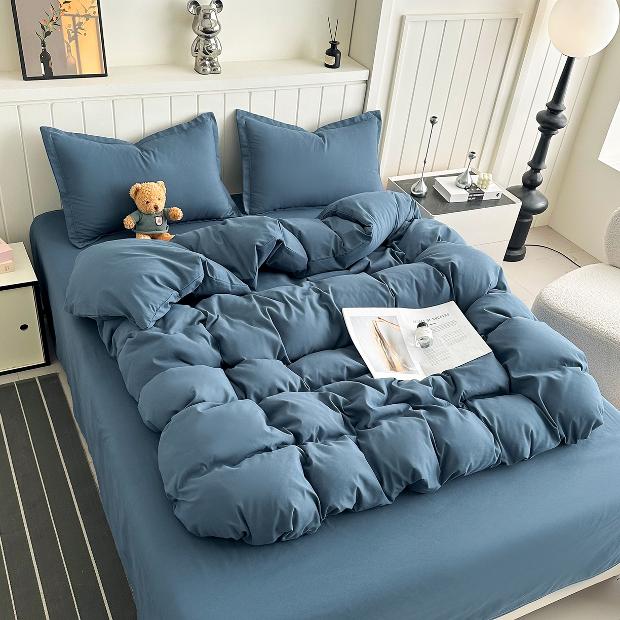 91家纺网 家纺一手货源 找家纺 佑泽家纺 2026新款亲肤水洗棉四件套 宾利蓝