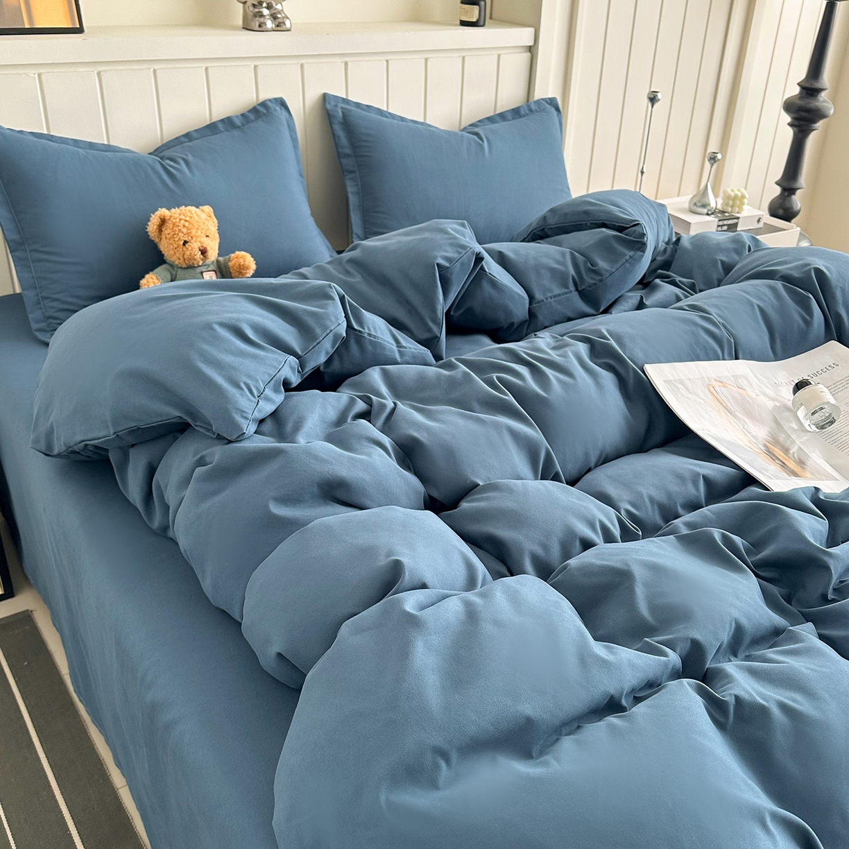 91家纺网 家纺一手货源 找家纺 佑泽家纺 2026新款亲肤水洗棉四件套 宾利蓝