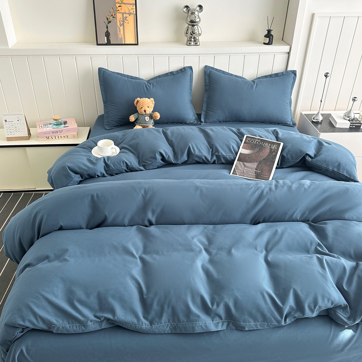 91家纺网 家纺一手货源 找家纺 佑泽家纺 2026新款亲肤水洗棉四件套 宾利蓝