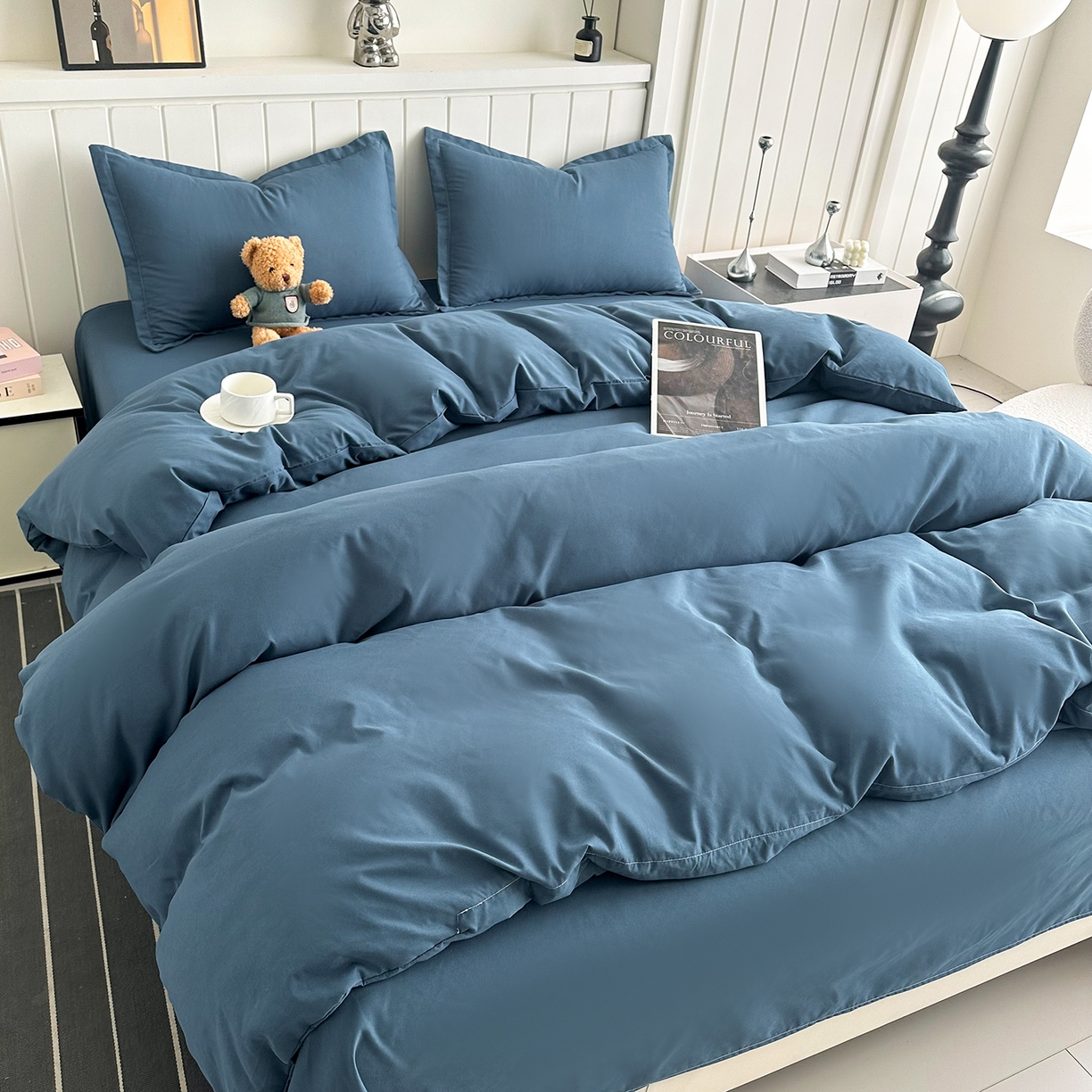 91家纺网 家纺一手货源 找家纺 佑泽家纺 2026新款亲肤水洗棉四件套 宾利蓝