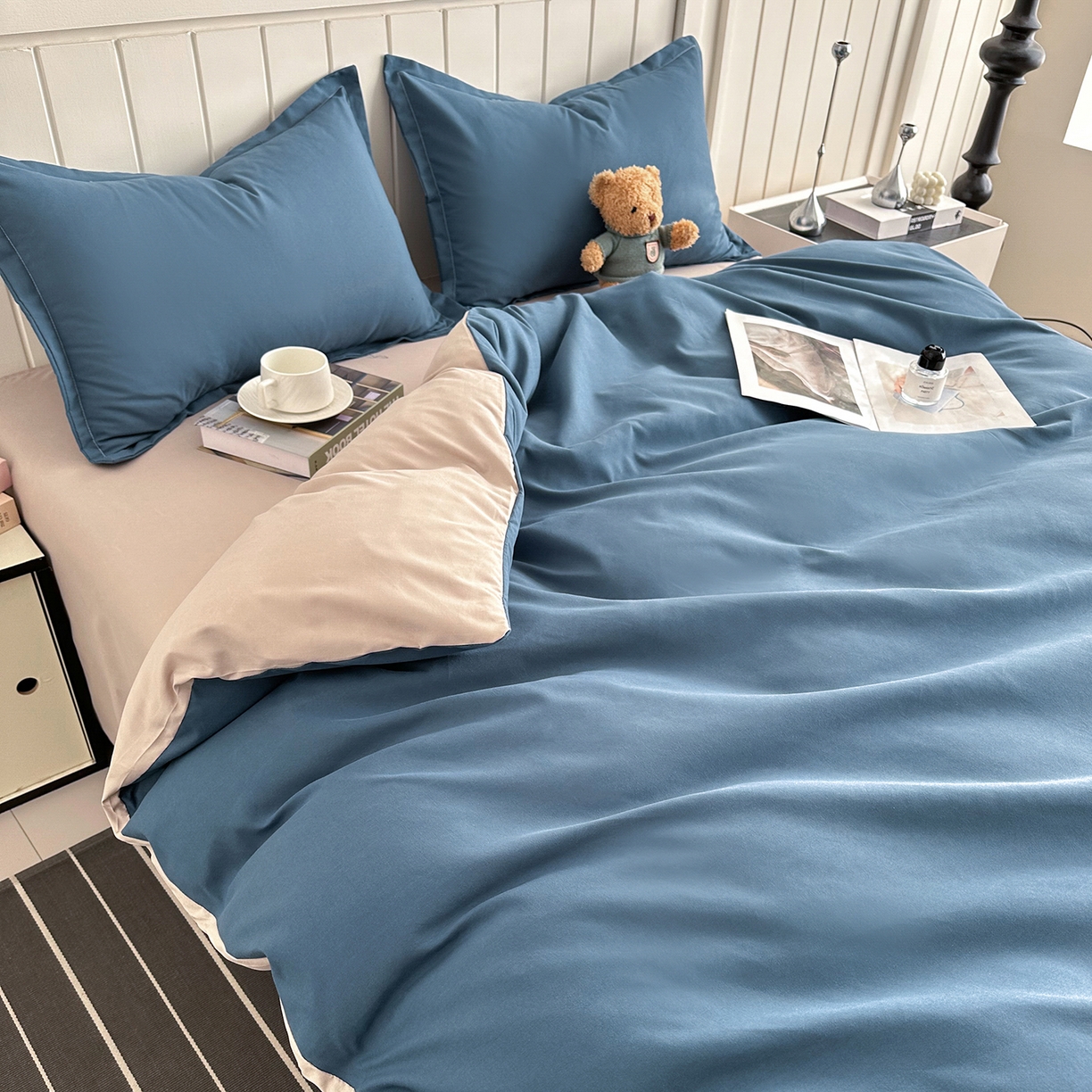 91家纺网 家纺一手货源 找家纺 佑泽家纺 2026新款亲肤水洗棉四件套 宾利蓝+卡其