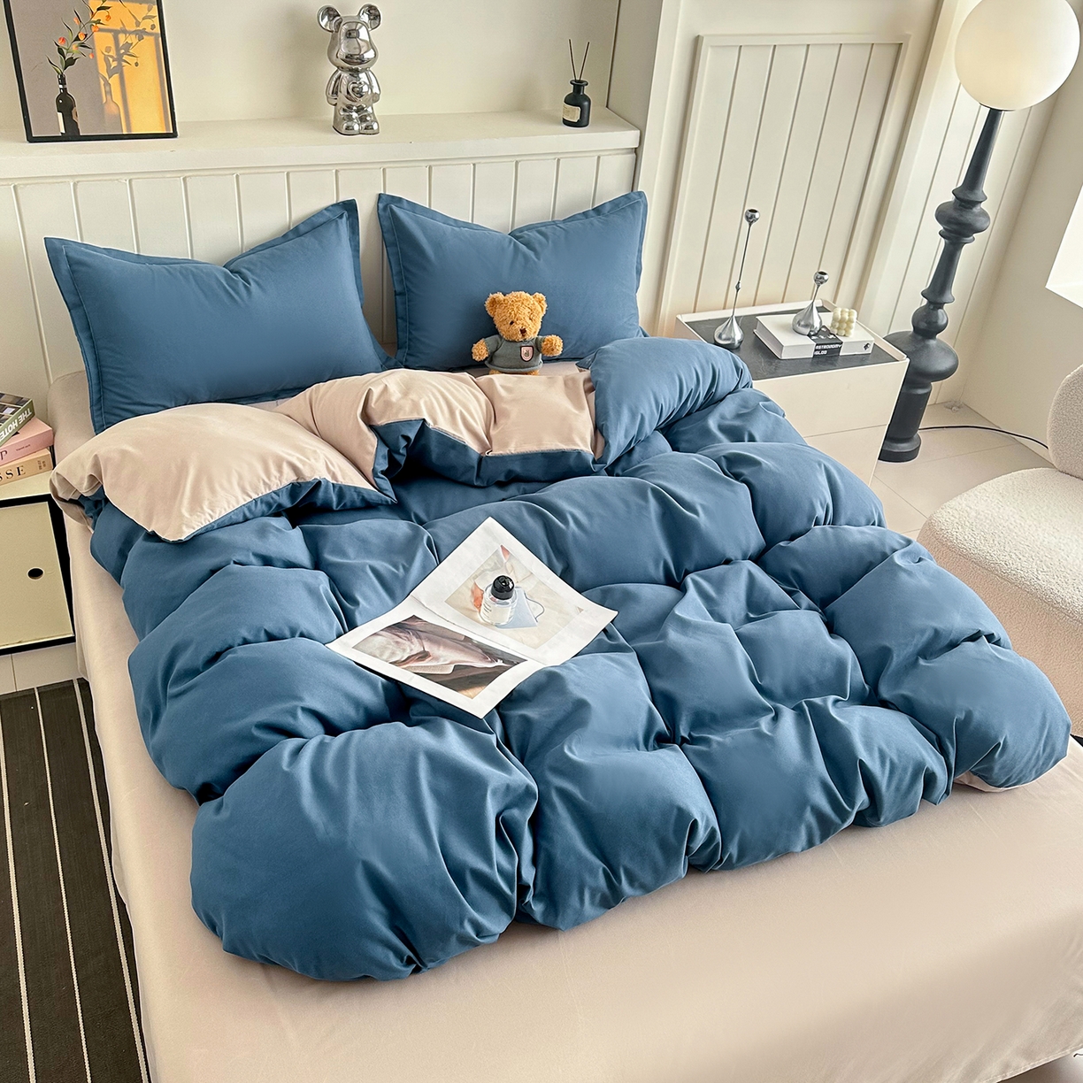 91家纺网 家纺一手货源 找家纺 佑泽家纺 2026新款亲肤水洗棉四件套 宾利蓝+卡其