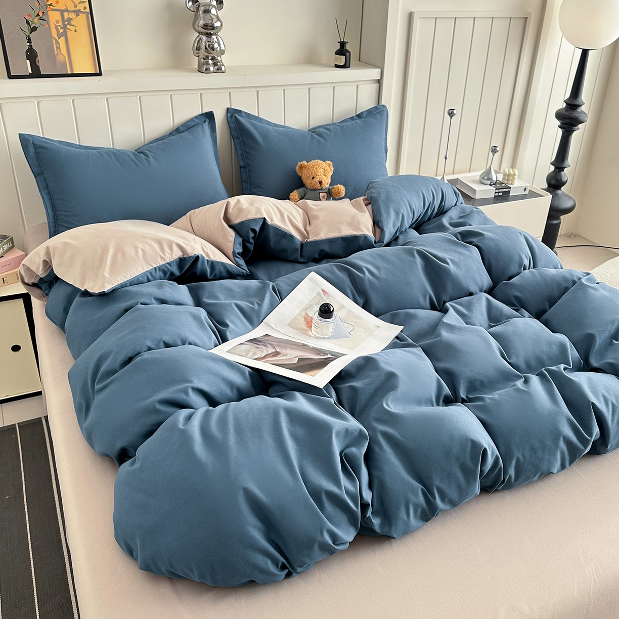 91家纺网 家纺一手货源 找家纺 佑泽家纺 2026新款亲肤水洗棉四件套 宾利蓝+卡其