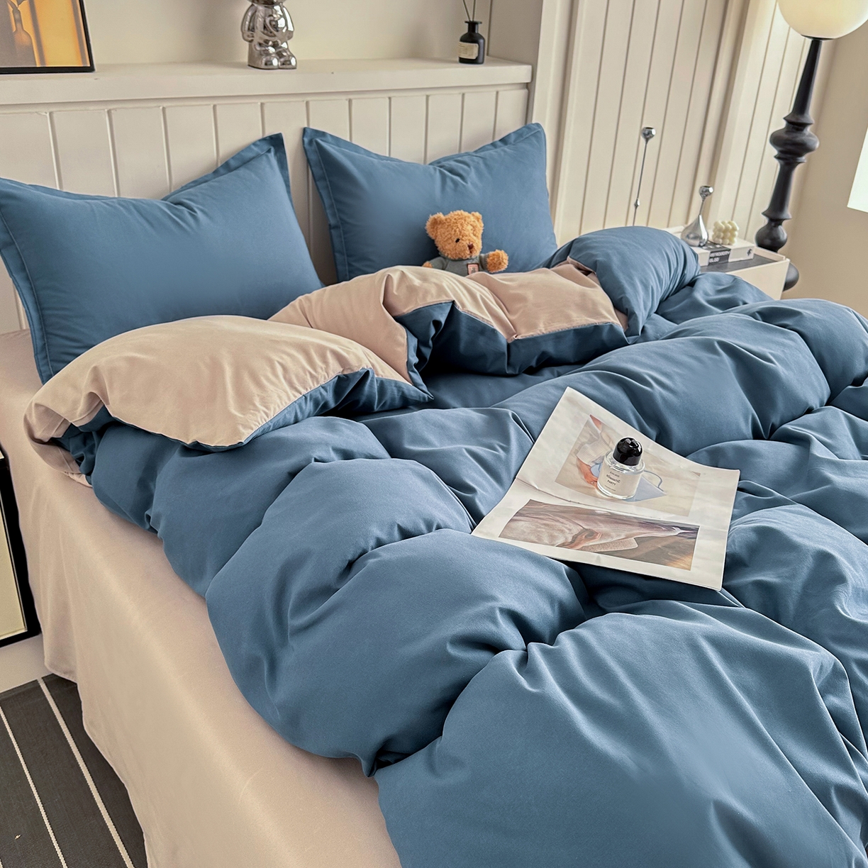 91家纺网 家纺一手货源 找家纺 佑泽家纺 2026新款亲肤水洗棉四件套 宾利蓝+卡其