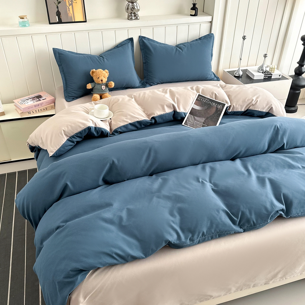 91家纺网 家纺一手货源 找家纺 佑泽家纺 2026新款亲肤水洗棉四件套 宾利蓝+卡其