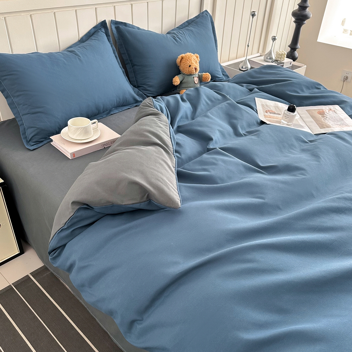 91家纺网 家纺一手货源 找家纺 佑泽家纺 2026新款亲肤水洗棉四件套 宾利蓝+月光灰