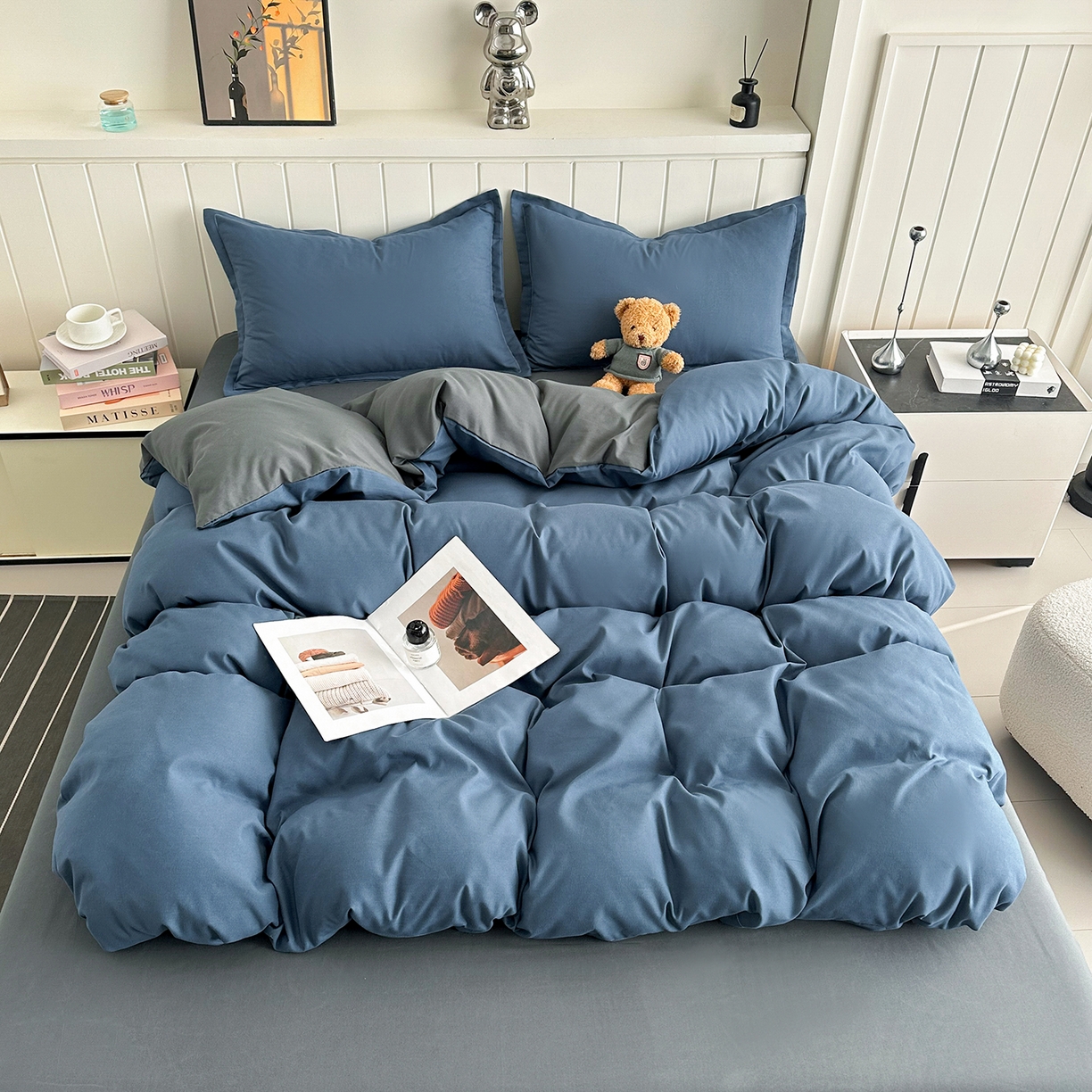 91家纺网 家纺一手货源 找家纺 佑泽家纺 2026新款亲肤水洗棉四件套 宾利蓝+月光灰