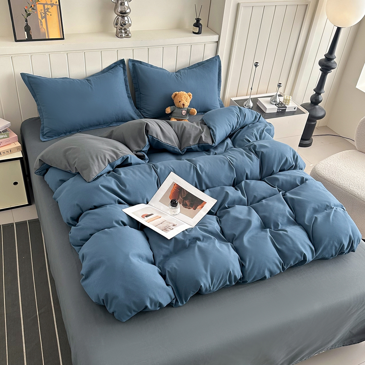 91家纺网 家纺一手货源 找家纺 佑泽家纺 2026新款亲肤水洗棉四件套 宾利蓝+月光灰