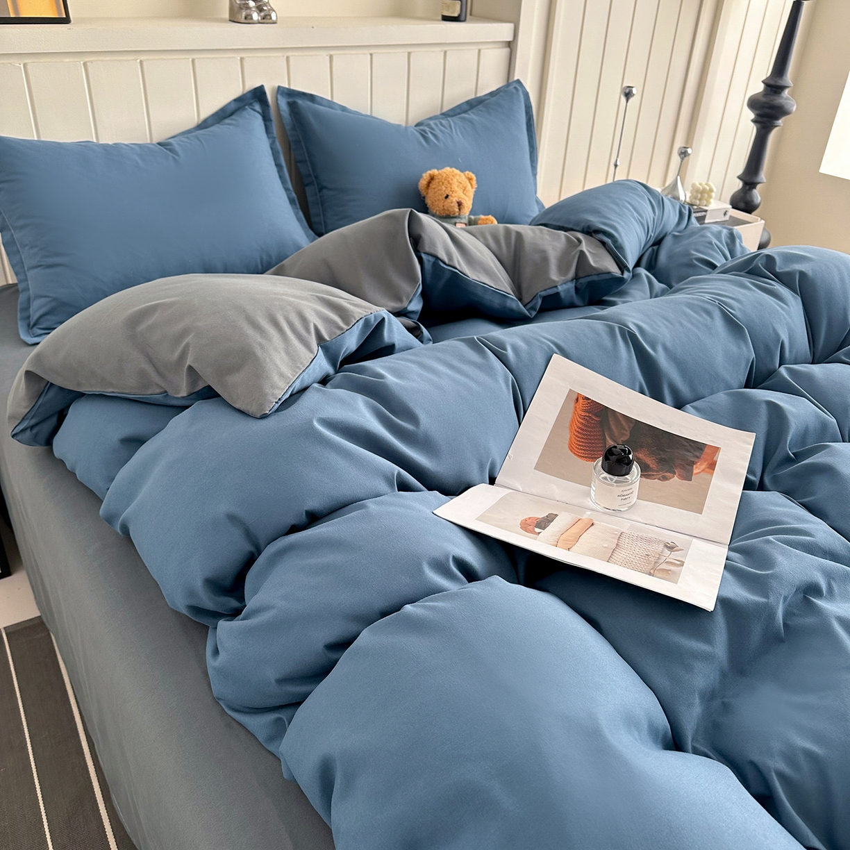 91家纺网 家纺一手货源 找家纺 佑泽家纺 2026新款亲肤水洗棉四件套 宾利蓝+月光灰