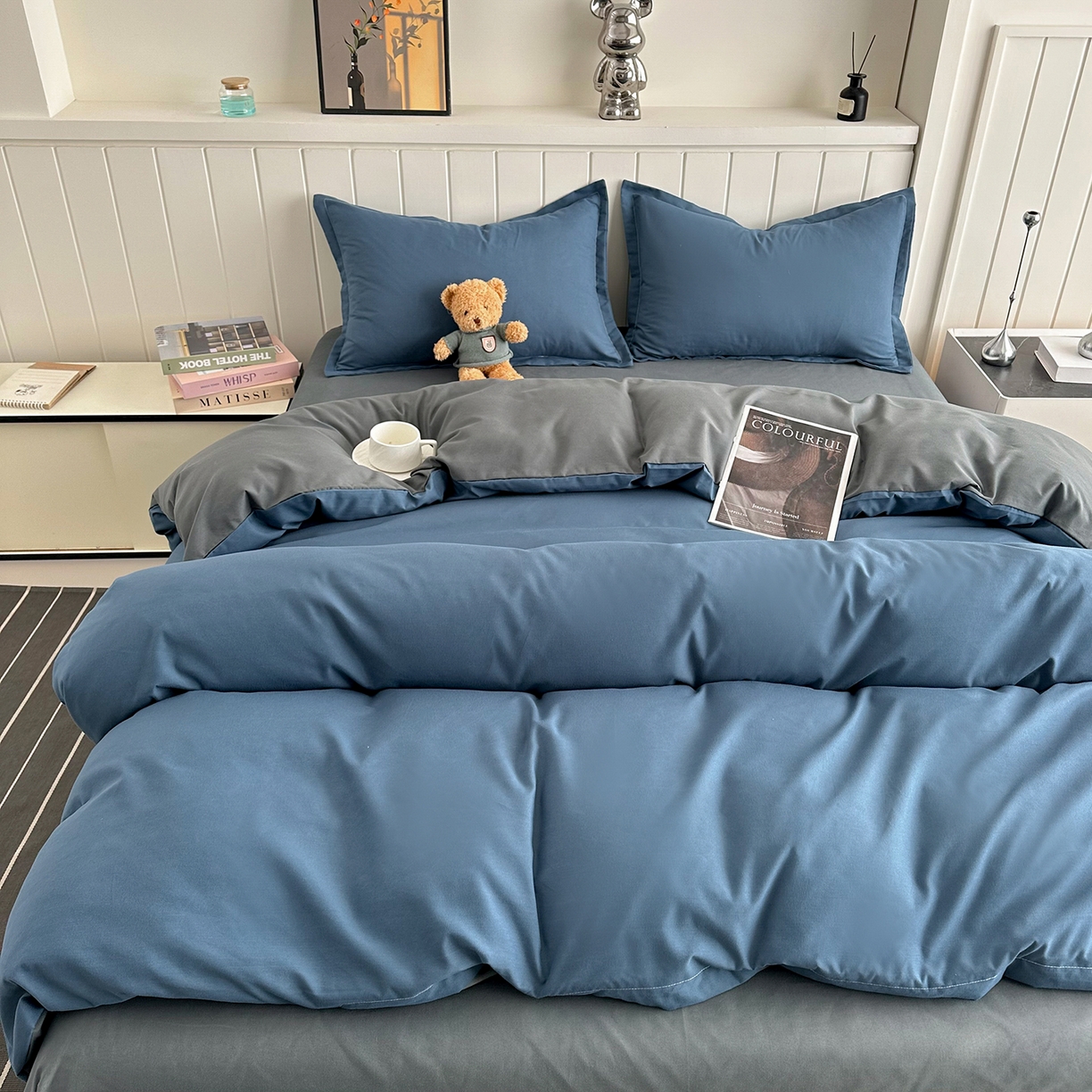 91家纺网 家纺一手货源 找家纺 佑泽家纺 2026新款亲肤水洗棉四件套 宾利蓝+月光灰