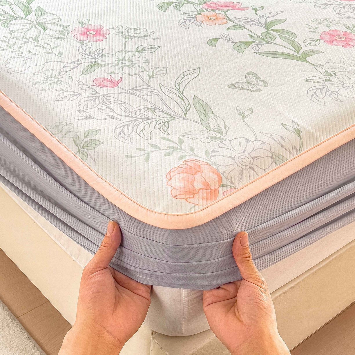 91家纺网 家纺一手货源 找家纺 孩子王家纺 2026春夏新款夏季花卉冰丝凉席凉感值过0.21冰豆豆A类可机洗学生宿舍空调软席 牡丹粉 床笠款