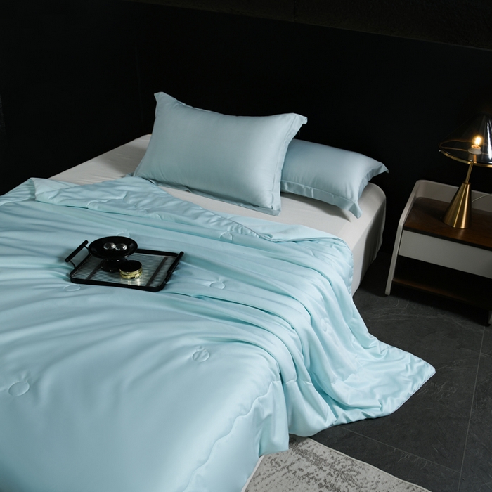 91家纺网 家纺一手货源 找家纺 枕星记忆枕 2026新款水洗真丝夏被 水洗真丝湖蓝