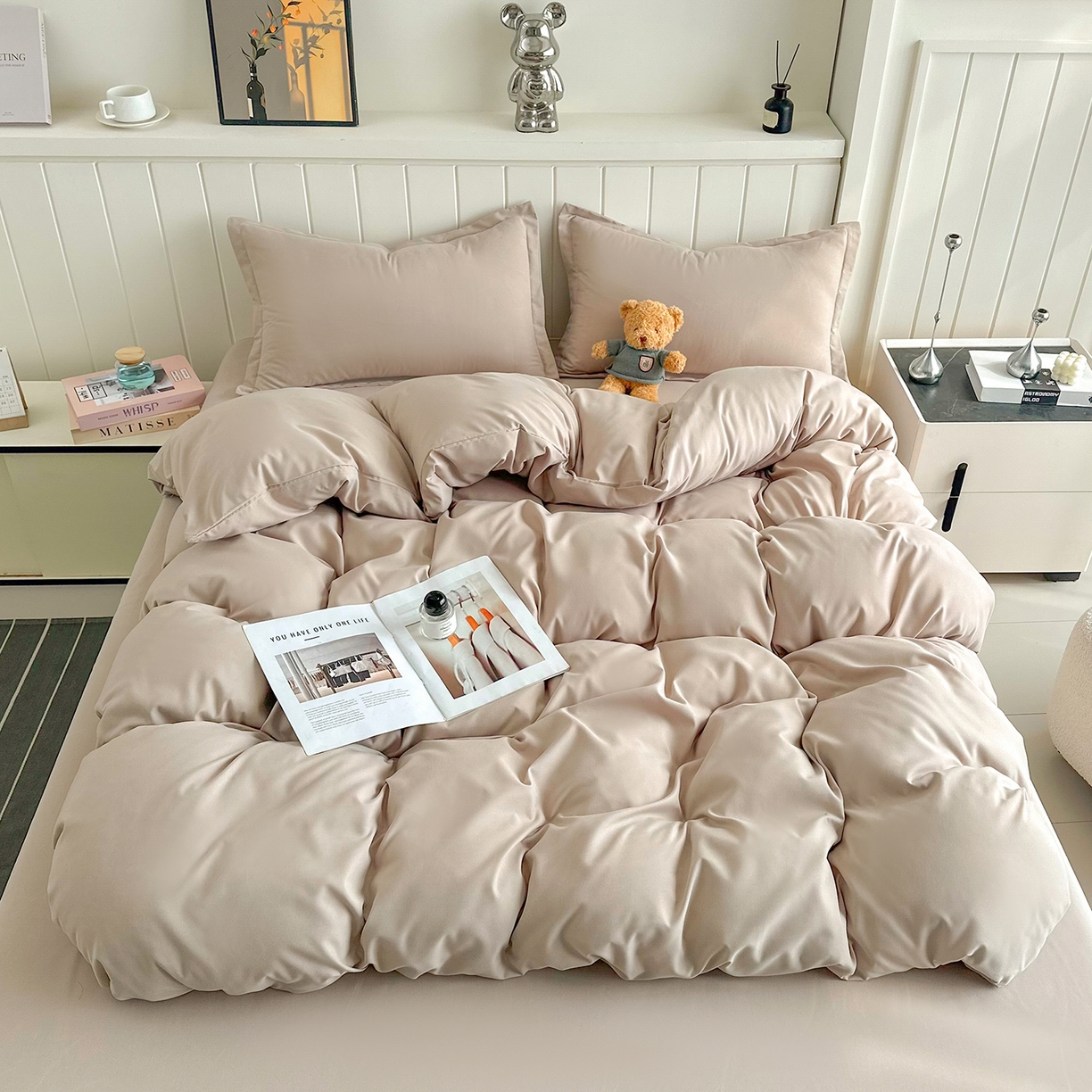 91家纺网 家纺一手货源 找家纺 佑泽家纺 2026新款亲肤水洗棉四件套 卡其