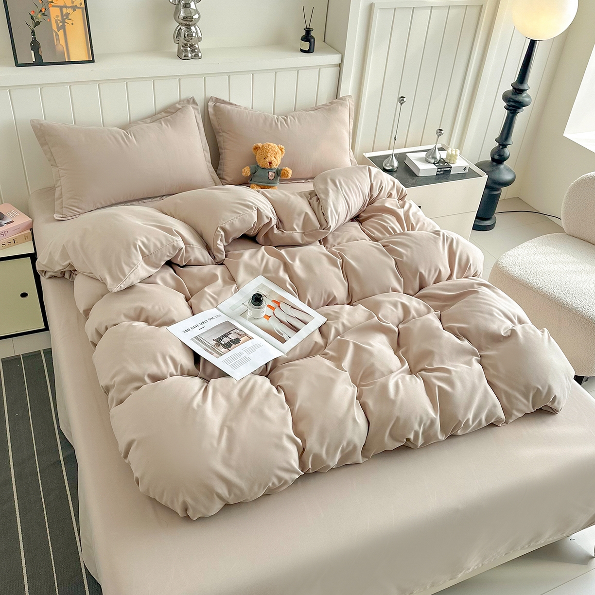 91家纺网 家纺一手货源 找家纺 佑泽家纺 2026新款亲肤水洗棉四件套 卡其