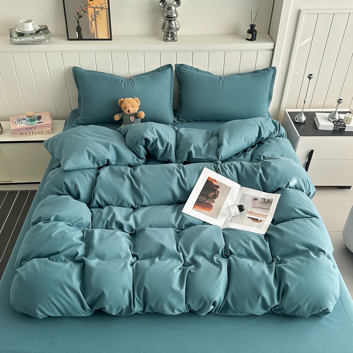 91家纺网 家纺一手货源 找家纺 佑泽家纺 2026新款亲肤水洗棉四件套 孔雀绿