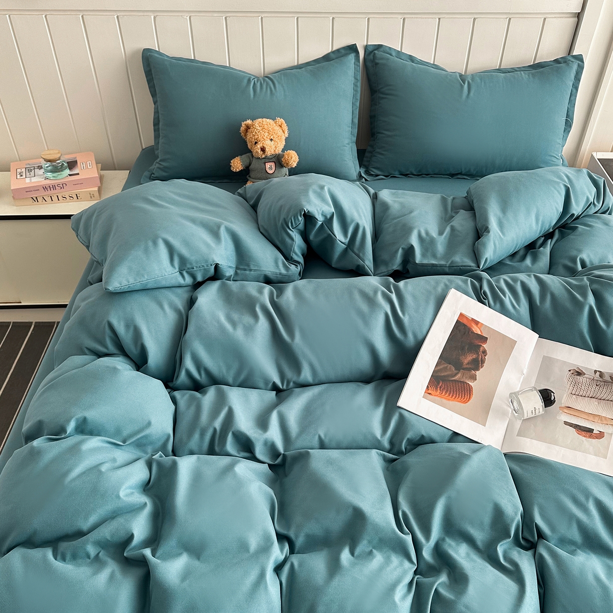 91家纺网 家纺一手货源 找家纺 佑泽家纺 2026新款亲肤水洗棉四件套 孔雀绿