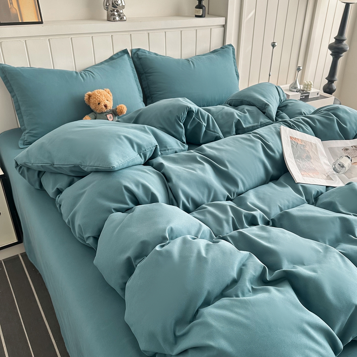 91家纺网 家纺一手货源 找家纺 佑泽家纺 2026新款亲肤水洗棉四件套 孔雀绿