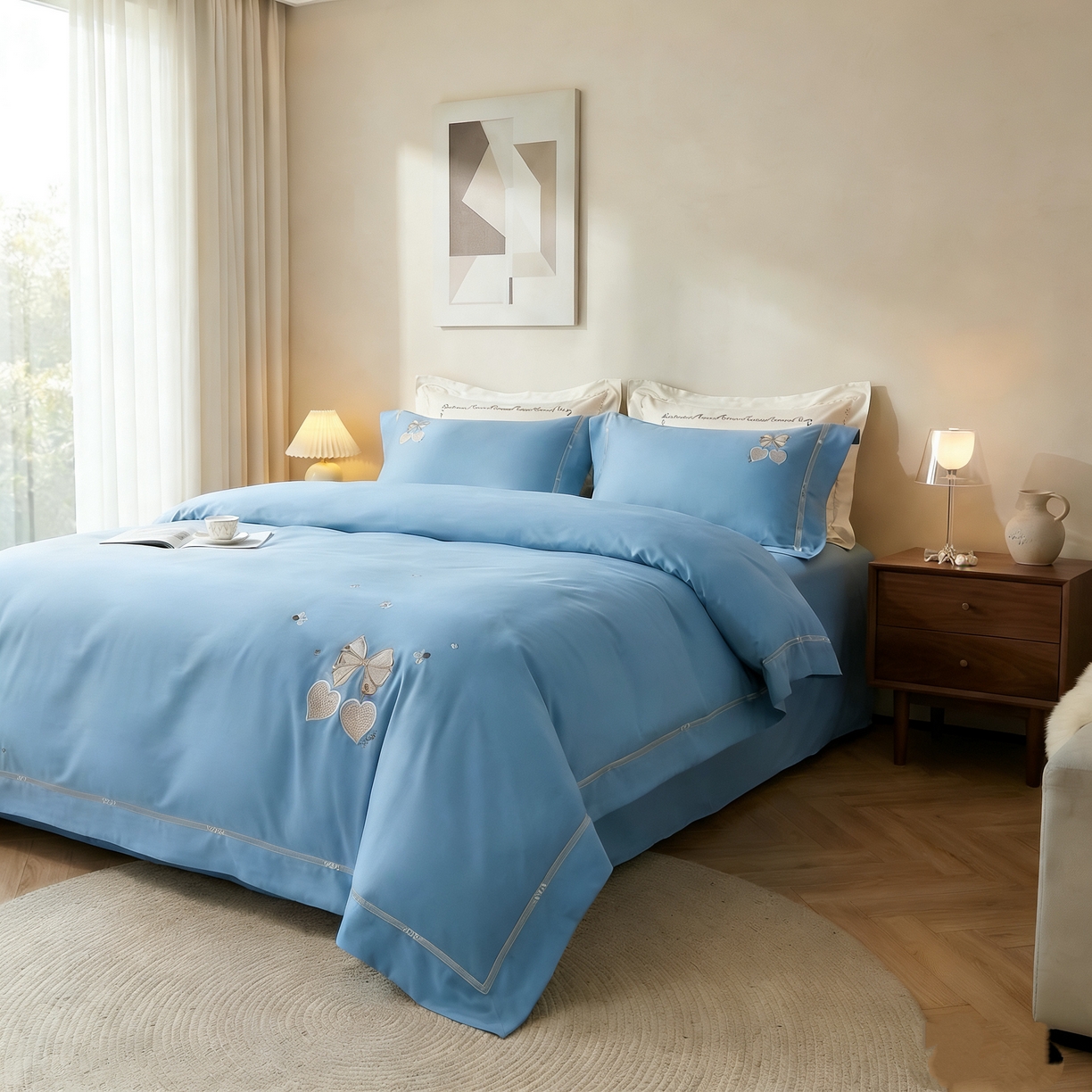 91家纺网 家纺一手货源 找家纺 U品汇 2026全棉纯棉刺绣花四件套40支长绒棉100%棉礼盒包装 樱桃之恋-幸运兰