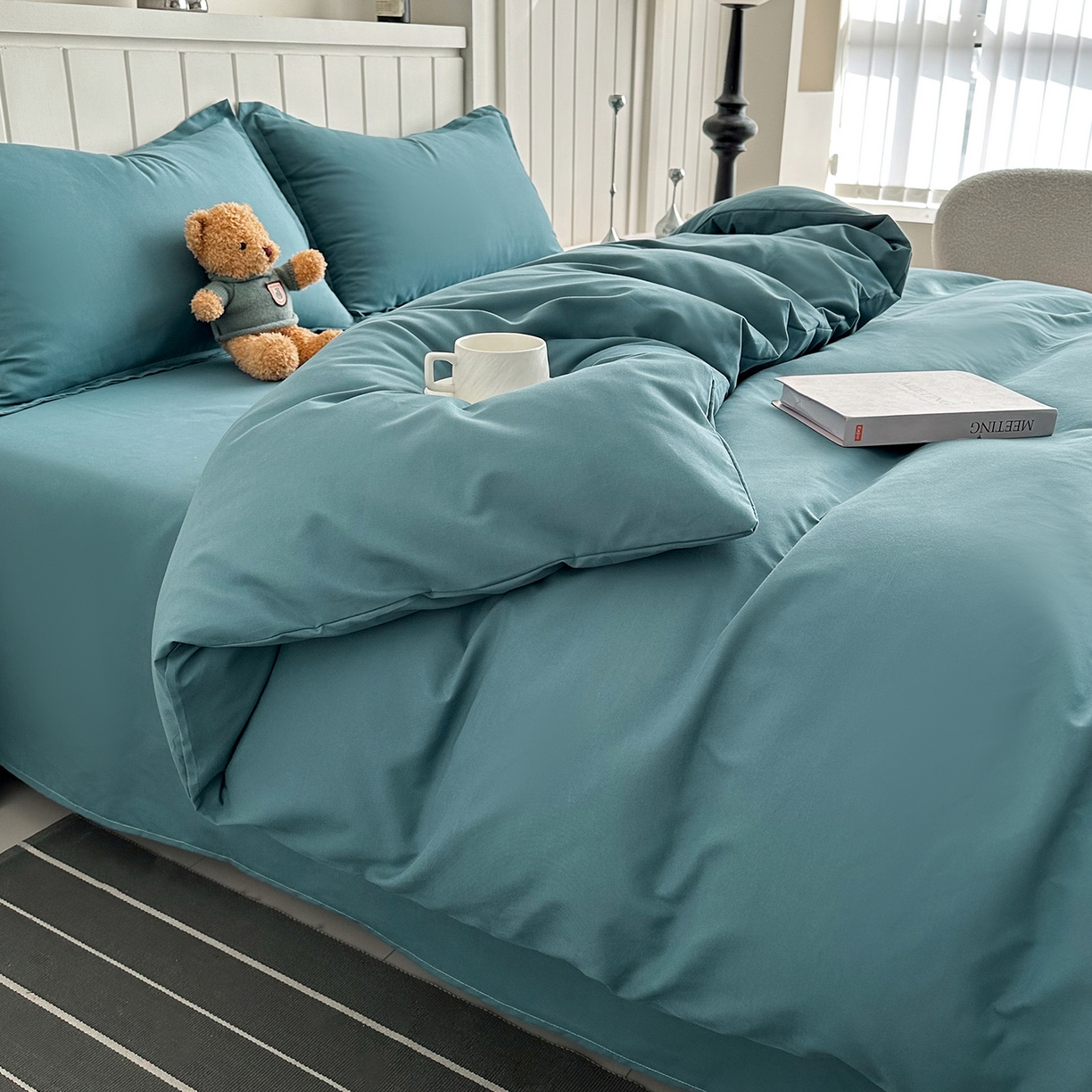 91家纺网 家纺一手货源 找家纺 佑泽家纺 2026新款亲肤水洗棉四件套 孔雀绿