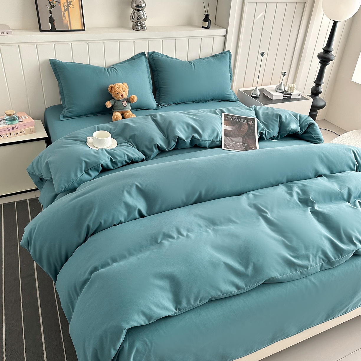 91家纺网 家纺一手货源 找家纺 佑泽家纺 2026新款亲肤水洗棉四件套 孔雀绿